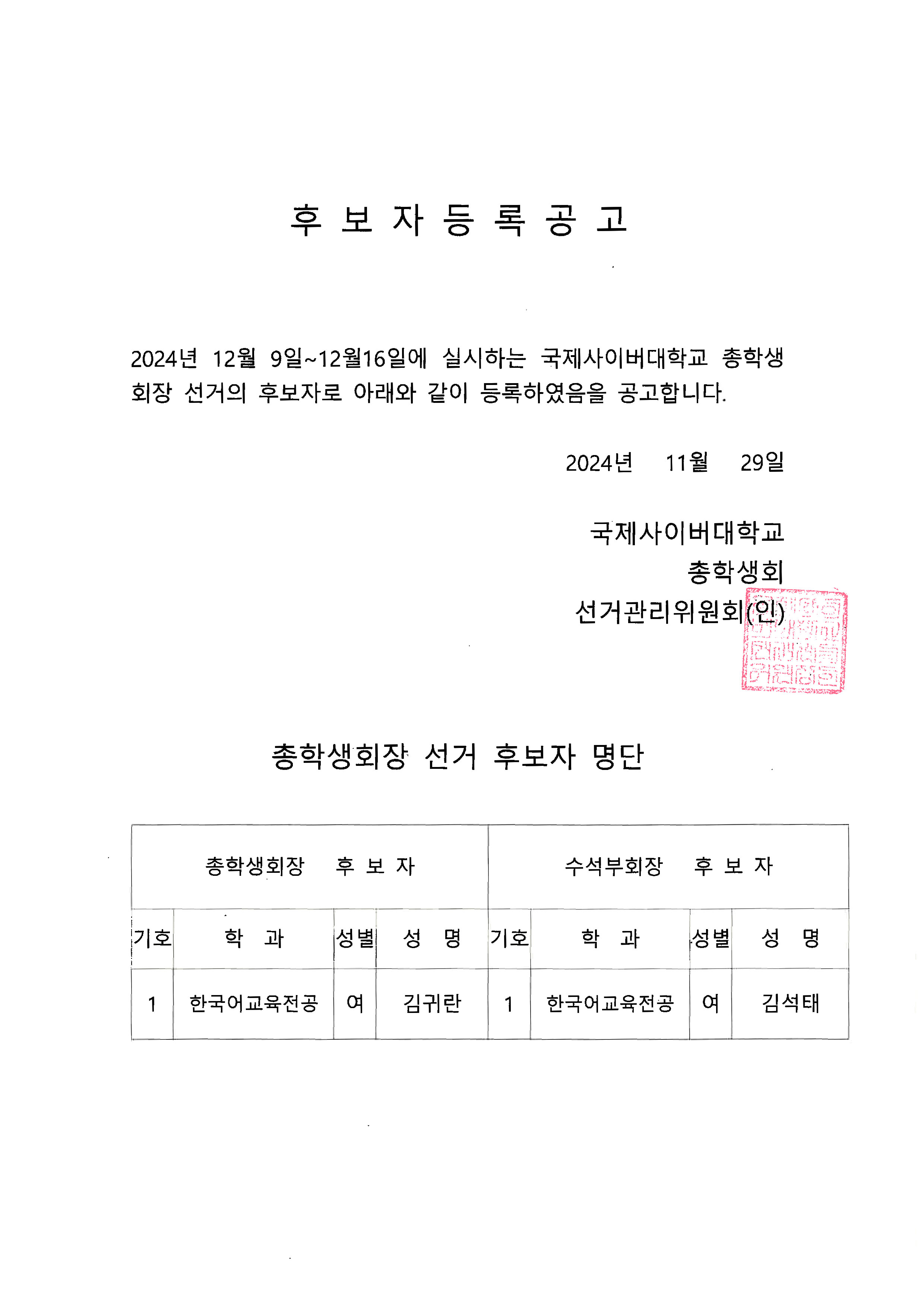 2024년 12월 9일~12월16일에 실시하는 국제사이버대학교 총학생회장 선거의 후보자로 아래와 같이 등록하였음을 공고합니다. 2024년 11월 29일 국제사이버대학교 총학생회 선거관리위원회 총학생회장 선거 후보자 명단 총학생회 후보자 기호1번 한국어교육전공 여 김귀란 수석부회장 후보자 기호1번 한국어교육전공 여 김석태